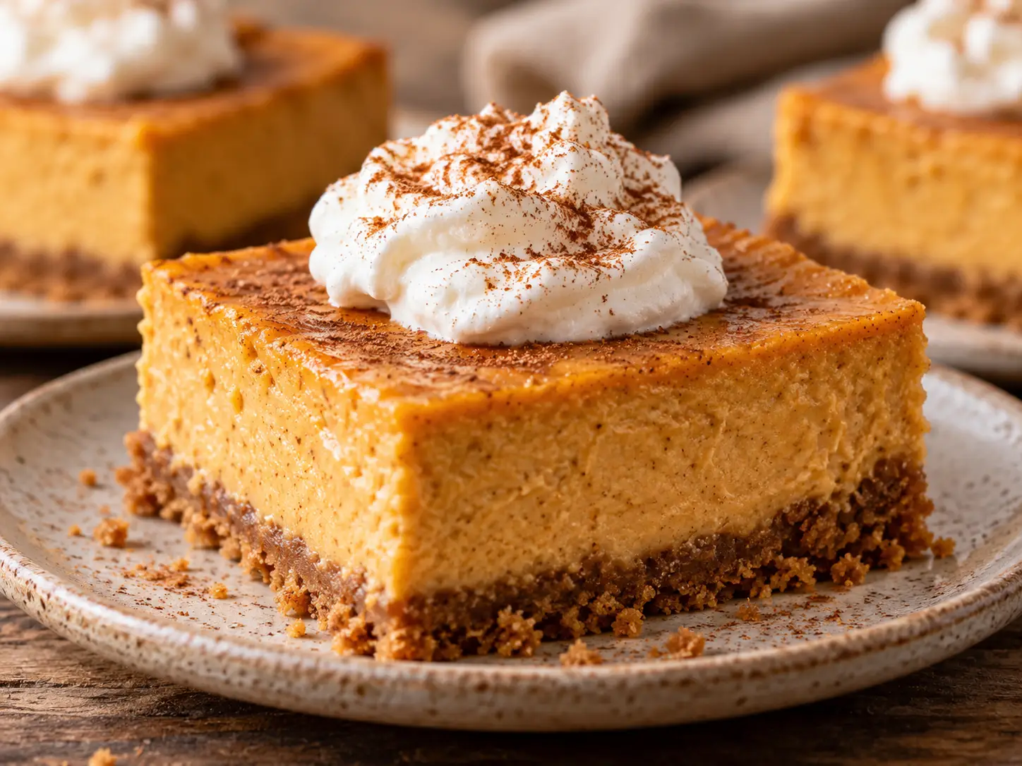 pumpkin cheesecake bars- Pumpkin Cheesecake Bars With Graham Cracker Crust Close-up pumpkin cheesecake bar with creamy spiced pumpkin filling, graham cracker crust, whipped cream, and cinnamon.