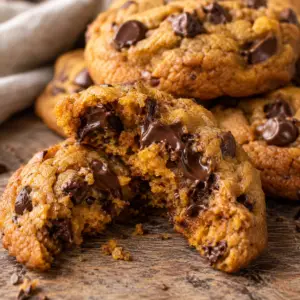 pumpkin chocolate chip cookies- Pumpkin Chocolate Chip Cookies Close-up of soft pumpkin chocolate chip cookies with one broken open to show a chewy pumpkin center and melted chocolate.