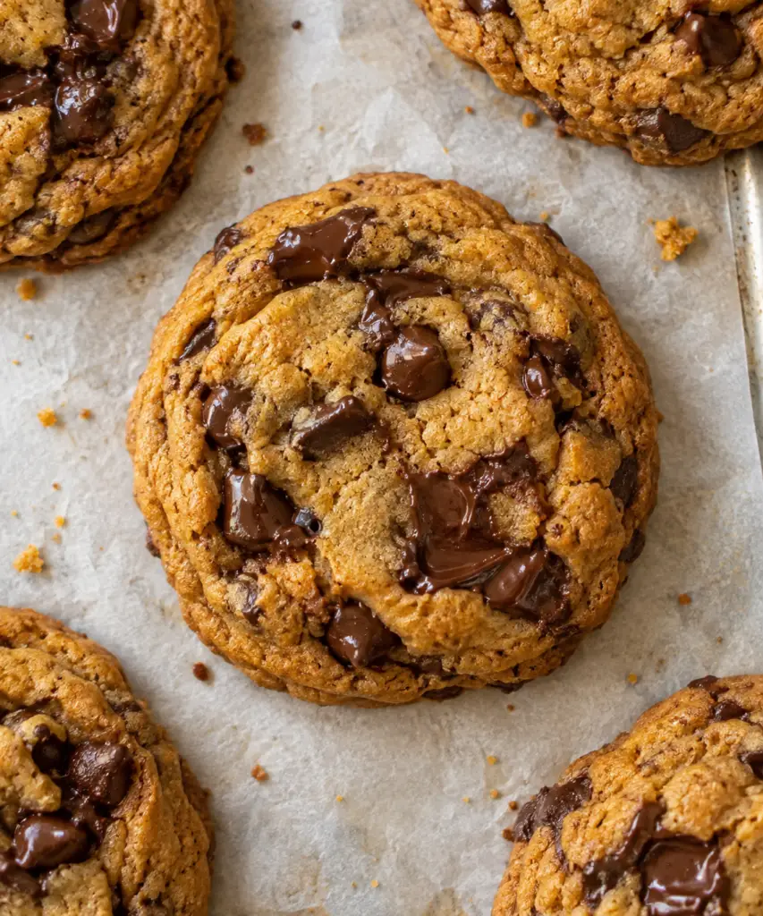 Overhead view of a pumpkin chocolate chip cookie with melted chocolate on a parchment-lined baking sheet.