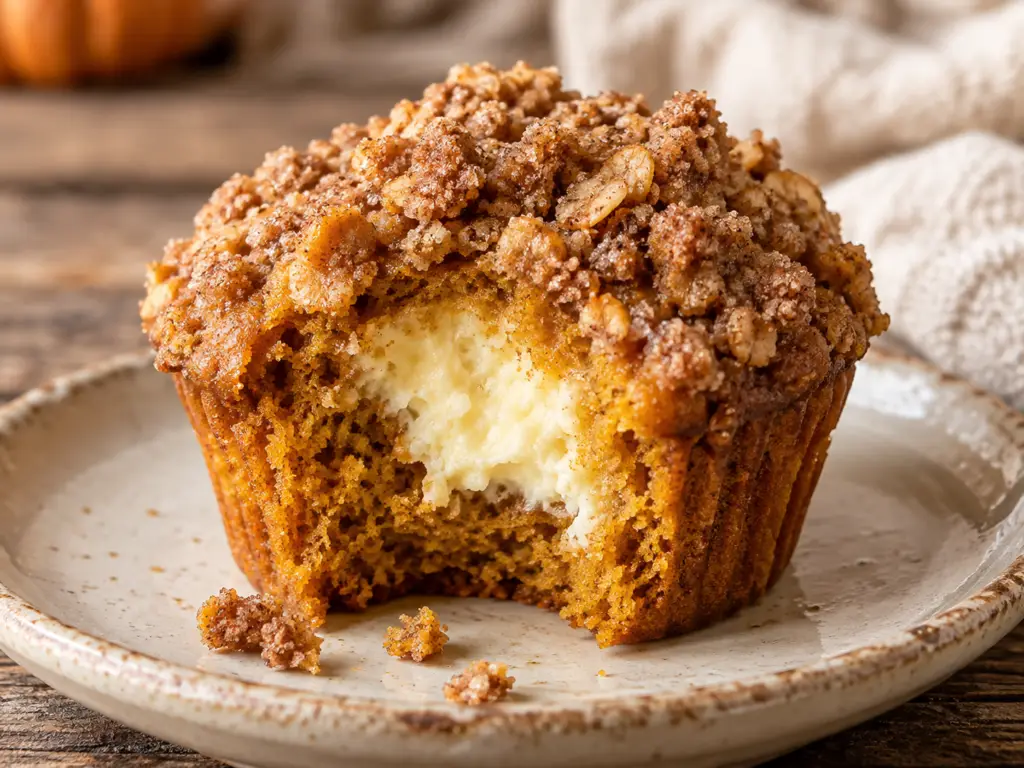 Pumpkin cream cheese muffin with a bite removed to reveal its creamy cheesecake center.