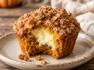 Pumpkin cream cheese muffin with a bite removed to reveal its creamy cheesecake center.