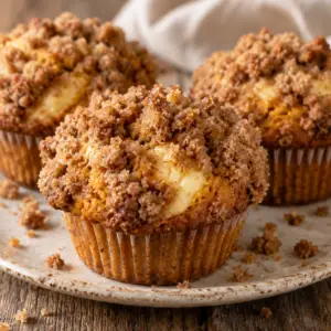 pumpkin cream cheese muffins- Pumpkin Cream Cheese Muffins With Streusel Topping Three pumpkin cream cheese muffins topped with brown sugar streusel on a rustic ceramic plate.