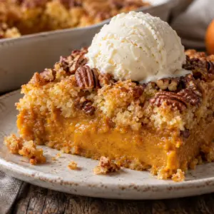 Close-up of pumpkin dump cake with creamy pumpkin filling, buttery pecan topping, and a scoop of vanilla ice cream.
