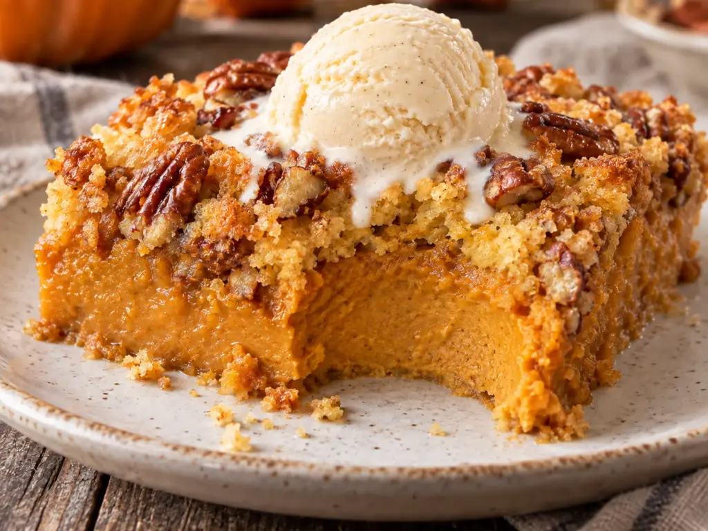 warm, thick pumpkin dump cake with a thick layer of pumpkin, cake, and ice cream.