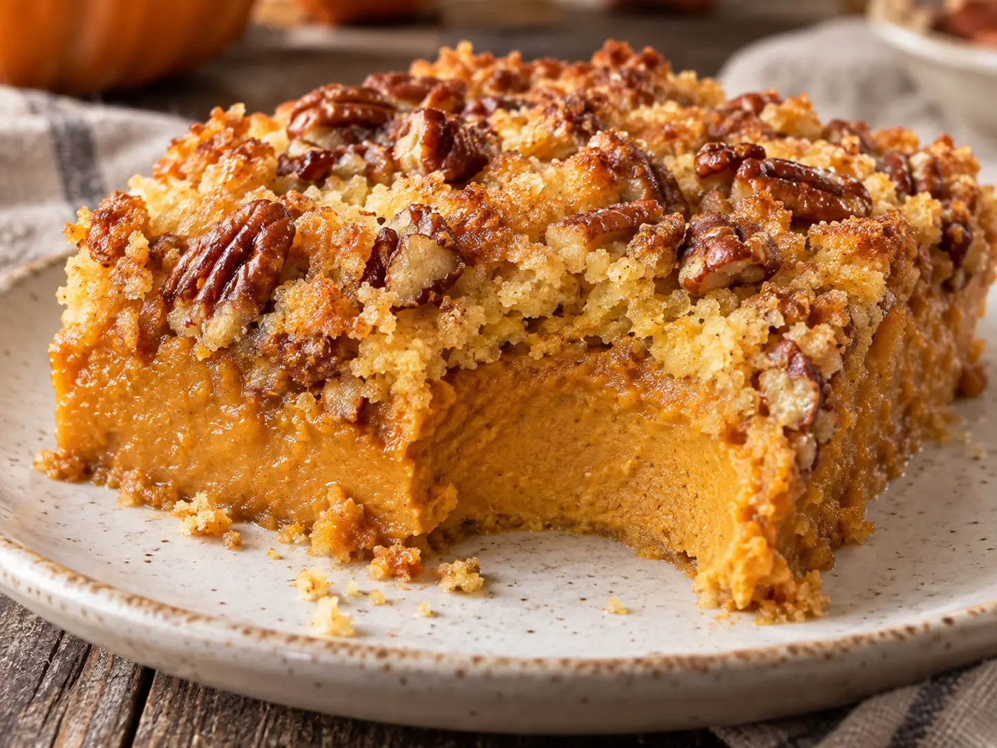 Pumpkin dump cake with a spoonful removed to reveal the creamy pumpkin filling beneath a crisp pecan cake topping.