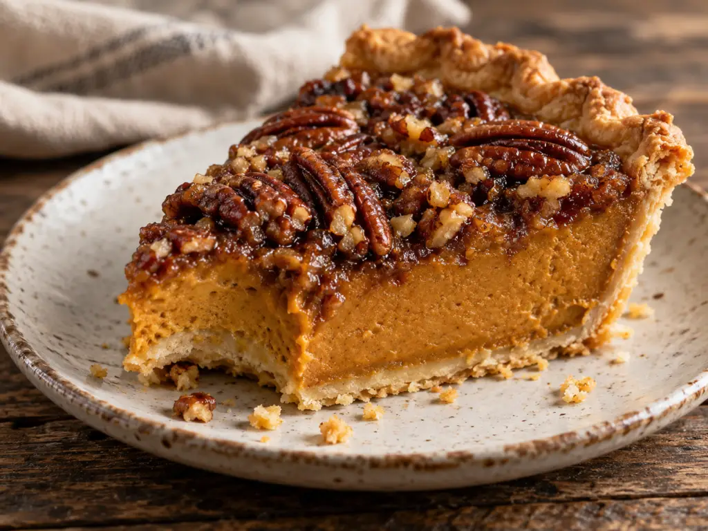 Thick slice of pumpkin pecan pie with creamy pumpkin filling, toasted maple pecan topping, and flaky golden crust.