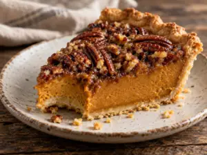 Thick slice of pumpkin pecan pie with creamy pumpkin filling, toasted maple pecan topping, and flaky golden crust.