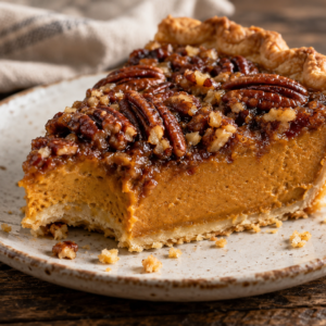 pumpkin pecan pie- Pumpkin Pecan Pie Thick slice of pumpkin pecan pie with creamy pumpkin filling, toasted maple pecan topping, and flaky golden crust.