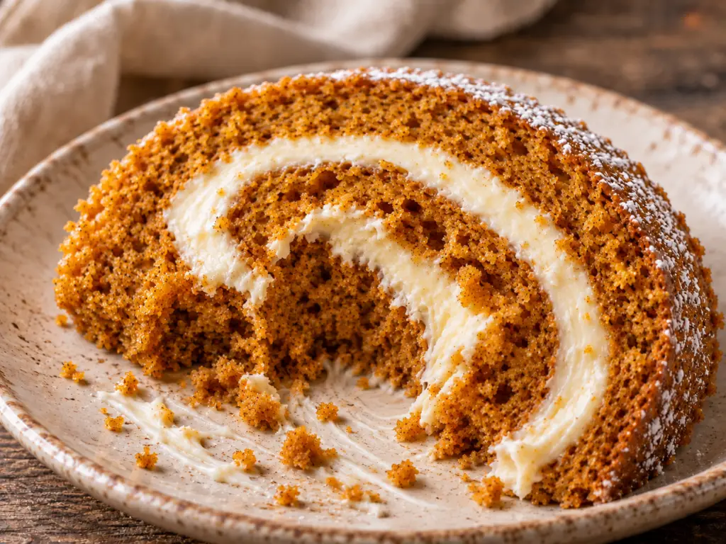 Pumpkin roll slice with a large spoonful removed, revealing moist cake and creamy cream cheese filling.