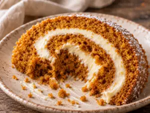 Pumpkin roll slice with a large spoonful removed, revealing moist cake and creamy cream cheese filling.
