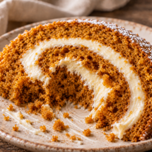 pumpkin roll- Pumpkin Roll With Cream Cheese Frosting Pumpkin roll slice with a large spoonful removed, revealing moist cake and creamy cream cheese filling.