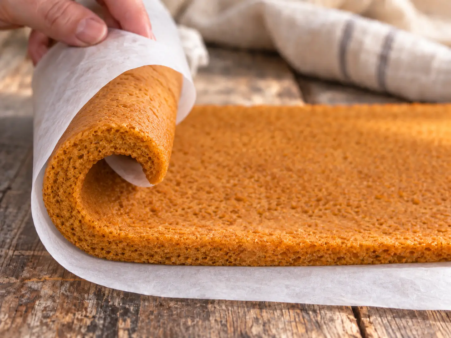 pumpkin roll- Pumpkin Roll With Cream Cheese Frosting Warm pumpkin sponge cake beginning to roll with parchment paper around the first loose curl.