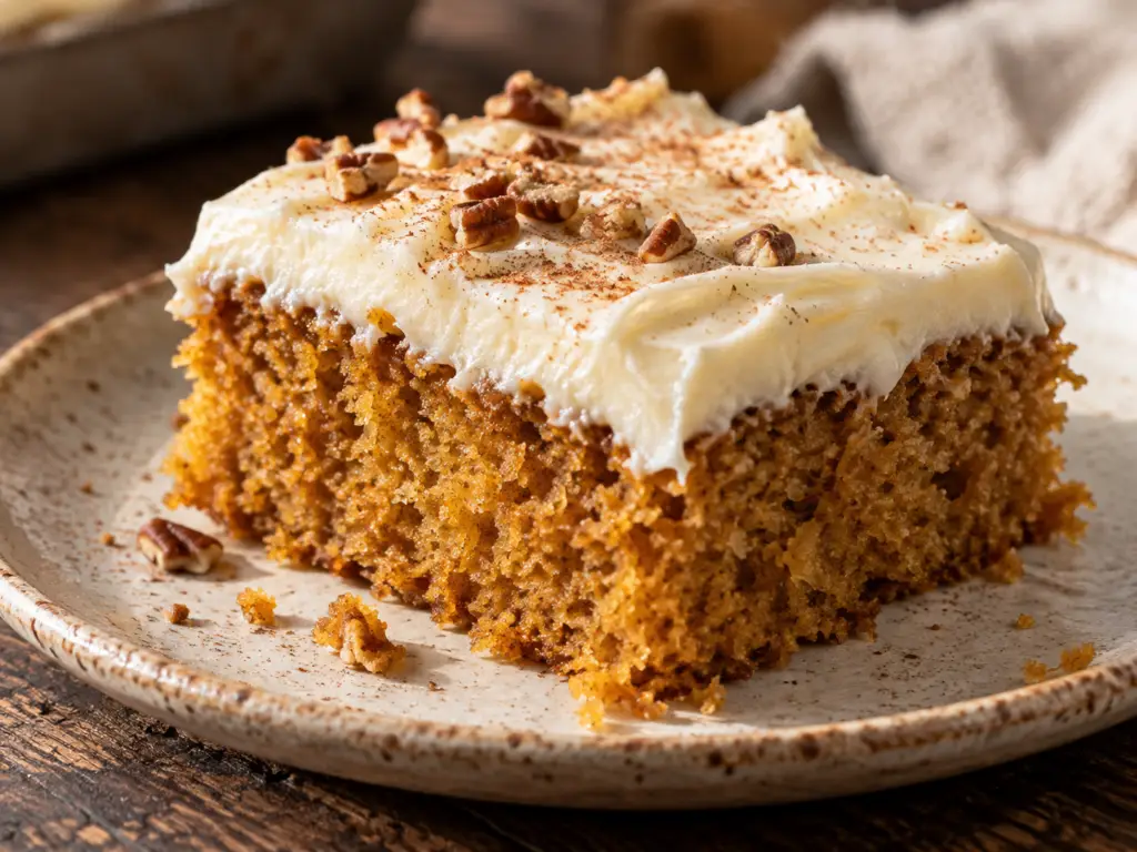 Thick slice of moist pumpkin sheet cake topped with cream cheese frosting, cinnamon, and toasted pecans.