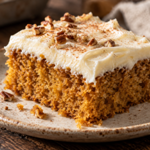 Thick slice of moist pumpkin sheet cake topped with cream cheese frosting, cinnamon, and toasted pecans.
