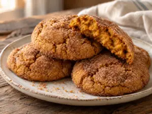 Pumpkin snickerdoodle cookies stacked on a ceramic plate, with one broken cookie showing its soft orange center and cinnamon sugar crust.