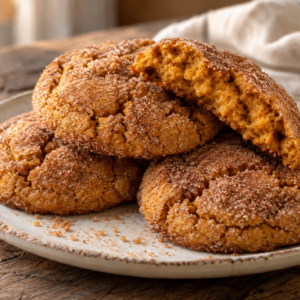 pumpkin snickerdoodle cookies- Pumpkin Snickerdoodle Cookies Pumpkin snickerdoodle cookies stacked on a ceramic plate, with one broken cookie showing its soft orange center and cinnamon sugar crust.