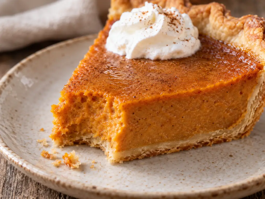 Sweet potato pie slice with one bite removed, showing moist spiced filling, crisp bottom crust, and whipped cream.