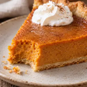 Sweet potato pie slice with one bite removed, showing moist spiced filling, crisp bottom crust, and whipped cream.