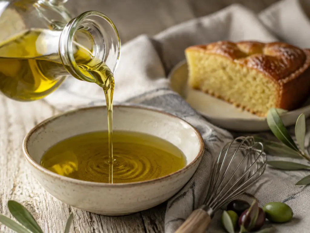 Golden olive oil pouring into a rustic ceramic bowl beside a whisk, fresh olives, and a slice of moist olive oil cake.