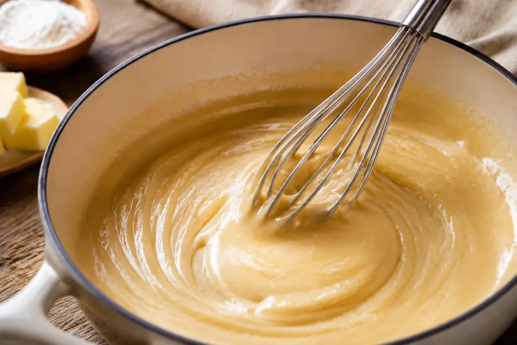 Close-up of smooth blond roux being whisked in a cream-colored saucepan.