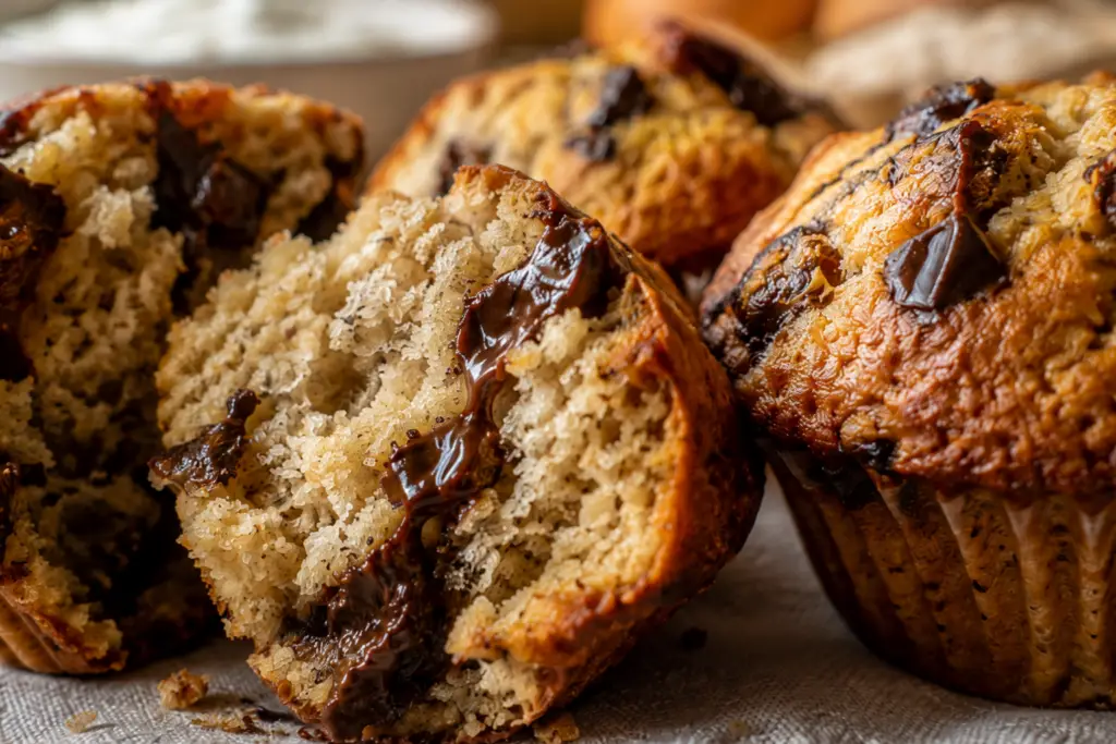 Close-up of high-protein chocolate chip muffins with one muffin broken open to show its soft, moist center and melted chocolate.