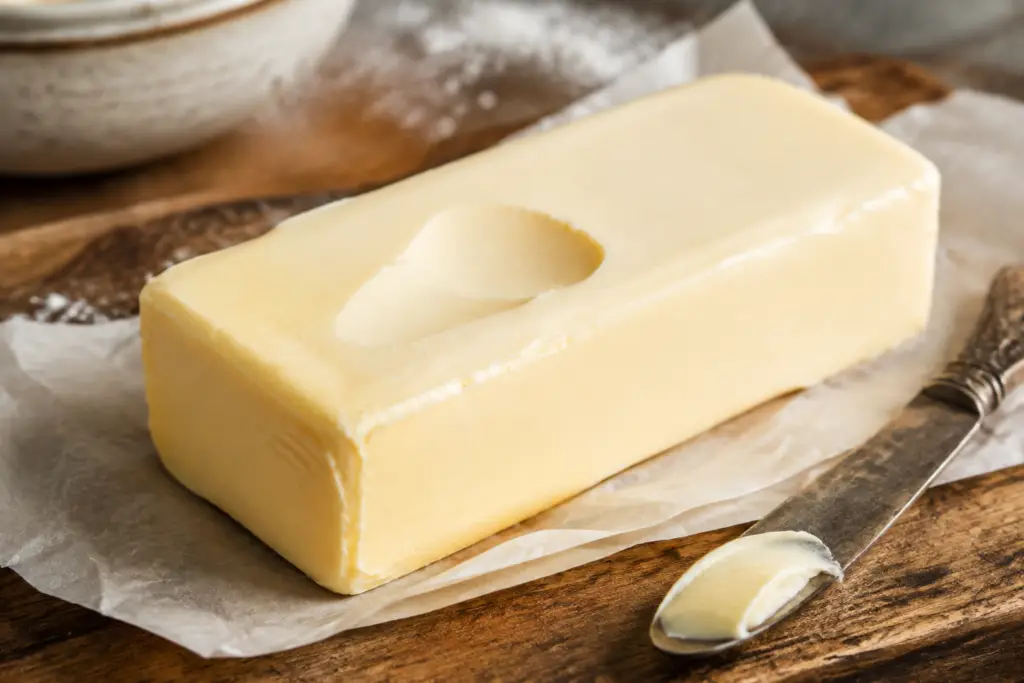 softened room temperature butter with a shallow indentation on a rustic wooden cutting board.