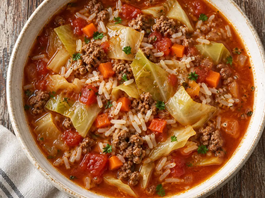 Overhead view of cabbage roll soup with ground beef, white rice, carrots, and parsley in an off-white ceramic bowl.