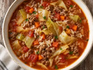Overhead view of cabbage roll soup with ground beef, white rice, carrots, and parsley in an off-white ceramic bowl.