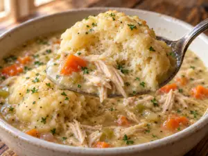 Spoon lifting a broken dumpling with a fluffy center, shredded chicken, a carrot piece, and creamy broth