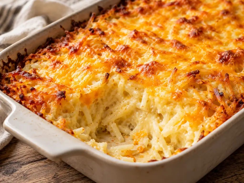 Copycat Cracker Barrel hashbrown casserole baked golden brown with melted cheddar cheese and creamy shredded potatoes in a rustic ceramic baking dish.