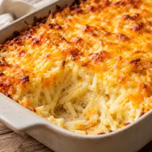 Copycat Cracker Barrel hashbrown casserole baked golden brown with melted cheddar cheese and creamy shredded potatoes in a rustic ceramic baking dish.