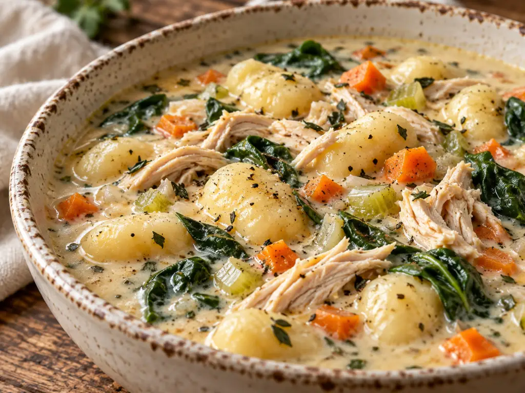 Close-up of creamy chicken gnocchi soup with shredded rotisserie chicken, potato gnocchi, carrots, celery, and spinach.