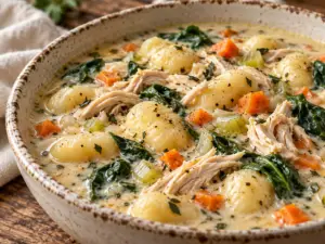 Close-up of creamy chicken gnocchi soup with shredded rotisserie chicken, potato gnocchi, carrots, celery, and spinach.