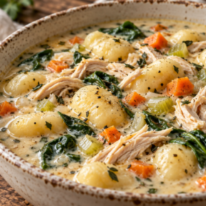 creamy chicken gnocchi soup- Creamy Chicken Gnocchi Soup Close-up of creamy chicken gnocchi soup with shredded rotisserie chicken, potato gnocchi, carrots, celery, and spinach.