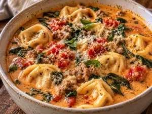 Creamy sausage tortellini soup with Italian sausage, cheese tortellini, spinach, diced tomatoes, and Parmesan in a rustic ceramic bowl.