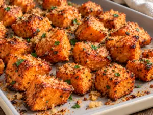 hummus- Easy and Smooth Hummus Parmesan roasted sweet potato cubes with golden edges and parsley on a cream baking sheet with a light gray interior.