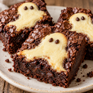 ghost cheesecake brownies- Ghost Cheesecake Brownies Three homemade ghost cheesecake brownies topped with creamy cheesecake ghosts and chocolate eyes on a rustic ceramic plate.