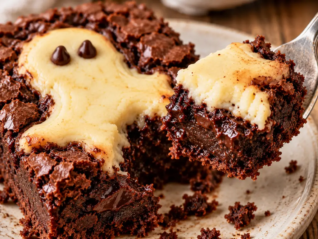 Silver fork lifting a fudgy chocolate brownie bite with creamy cheesecake from a homemade Halloween ghost brownie.