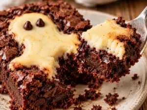 Silver fork lifting a fudgy chocolate brownie bite with creamy cheesecake from a homemade Halloween ghost brownie.