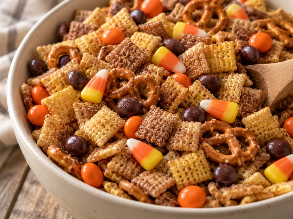Wooden spoon folding candy corn and orange and brown chocolate candies into brown sugar cinnamon Chex mix.