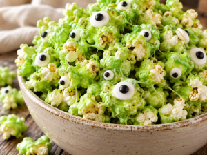 Homemade Halloween Monster Popcorn coated in gooey green marshmallow slime and topped with candy eyeballs