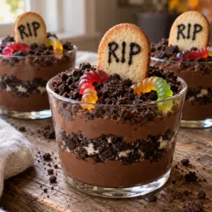 halloween dirt cups- Halloween Dirt Cups with Oreos and Gummy Worms Three Halloween dirt cups layered with chocolate pudding and crushed Oreos, topped with gummy worms and RIP cookie tombstones.