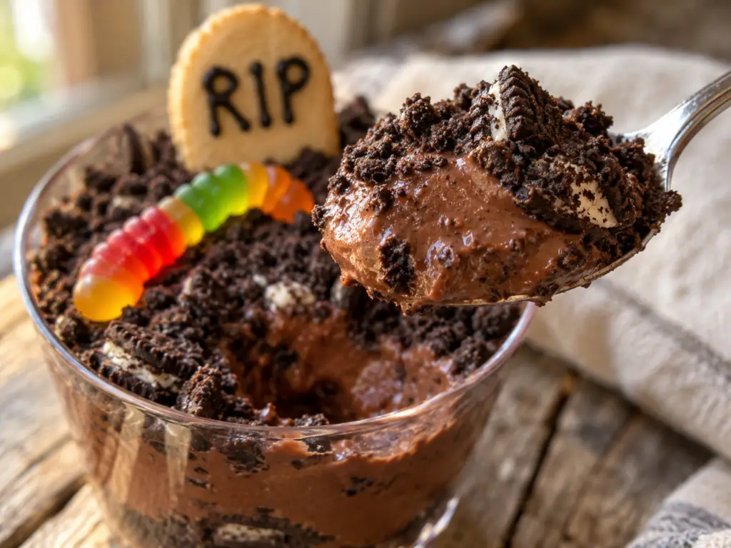 Spoonful of chocolate pudding and crushed Oreos above a Halloween dirt cup with a gummy worm and RIP cookie tombstone.