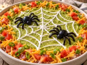 Halloween spider taco dip with a sour cream spiderweb, two black olive spiders, and a border of cheddar, tomatoes, and green onions.