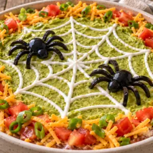 spider taco dip- Spider Taco Dip Halloween spider taco dip with a sour cream spiderweb, two black olive spiders, and a border of cheddar, tomatoes, and green onions.