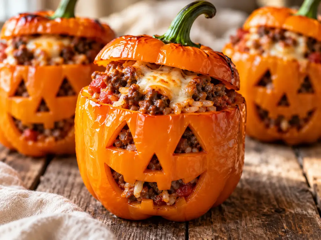 Halloween stuffed peppers carved like jack-o’-lanterns and filled with ground beef, rice, tomatoes, and melted cheese.