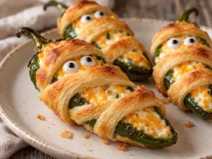 Three jalapeño popper mummy bites with golden crescent dough bandages a