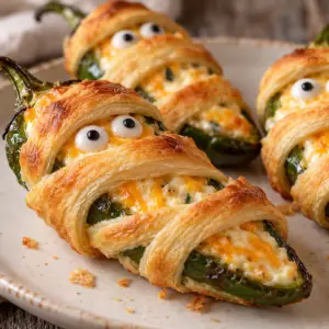 Jalapeño Popper Mummy Bites- Jalapeño Popper Mummy Bites with Crescent Dough Three jalapeño popper mummy bites with golden crescent dough bandages a