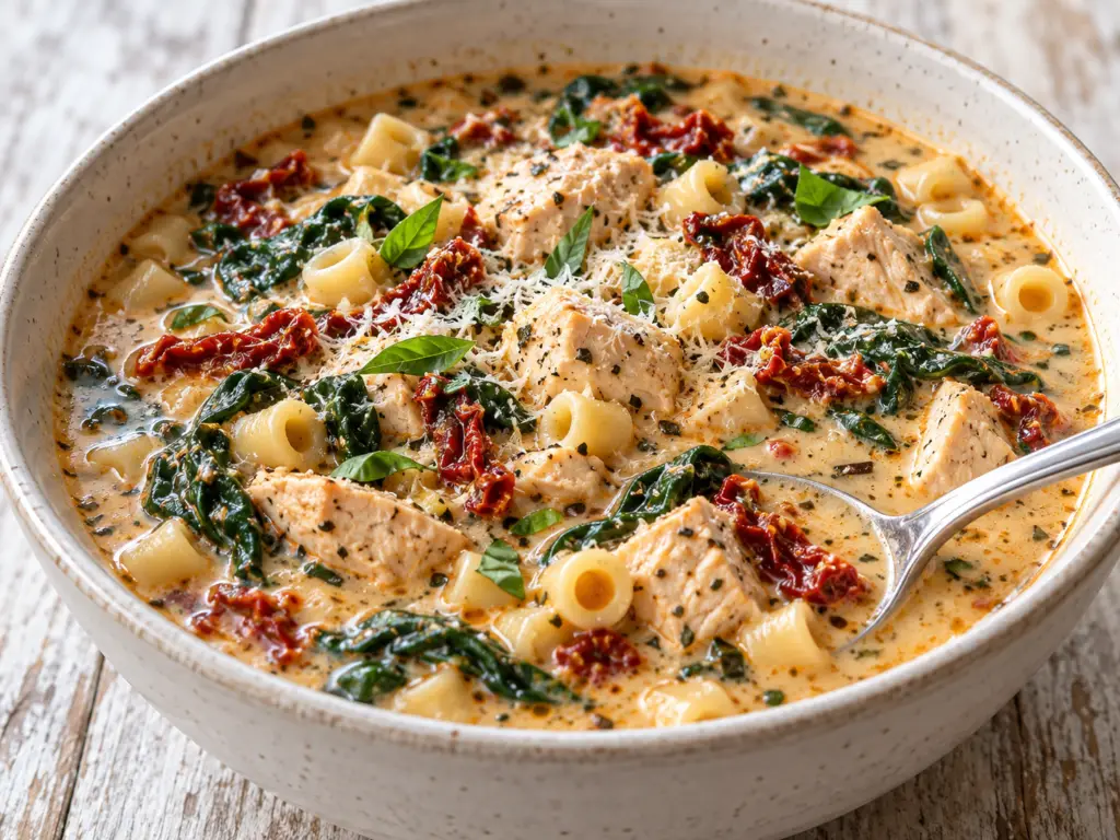 Marry me chicken soup with cubed chicken, ditalini, sun-dried tomatoes, and spinach in a creamy Parmesan broth.