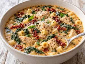 Marry me chicken soup with cubed chicken, ditalini, sun-dried tomatoes, and spinach in a creamy Parmesan broth.